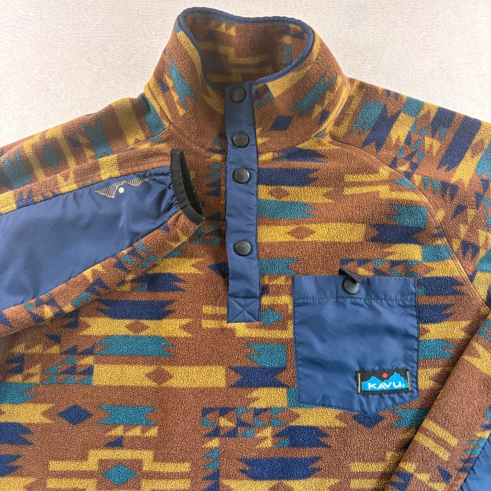 KAVU Teannaway Fleece Pullover Mens XS Southwestern Geometric Snap Neck Brown